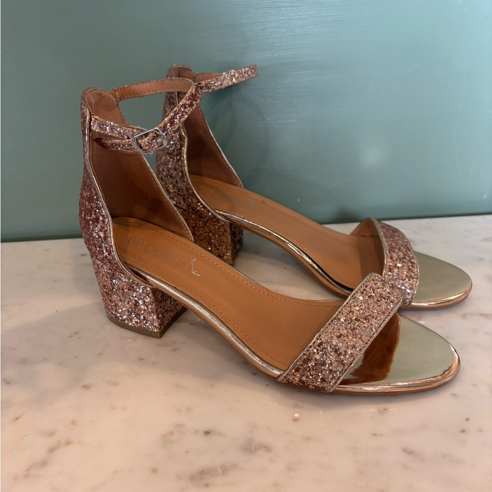 Glitter Block Heel Sandals - Rose Gold